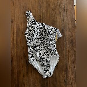 Michael Kors One Shoulder Swimsuit 10 Black White Print NWT